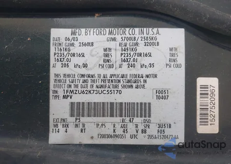 2003 Ford Explorer Xls из США, поврежденный, VIN 1FMZU62K73UC55170